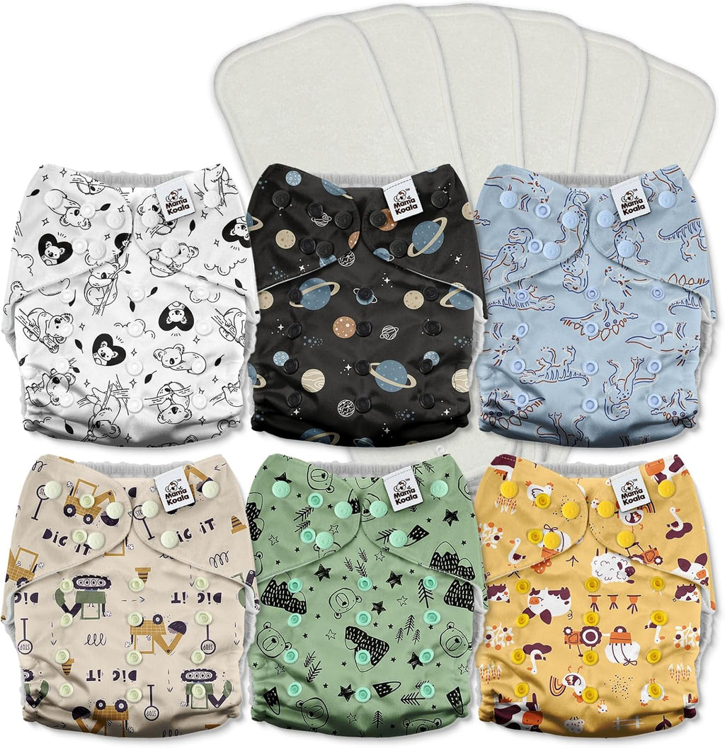 Mama Koala 3.0 pocket cloth diapers in dinosaur and farm prints