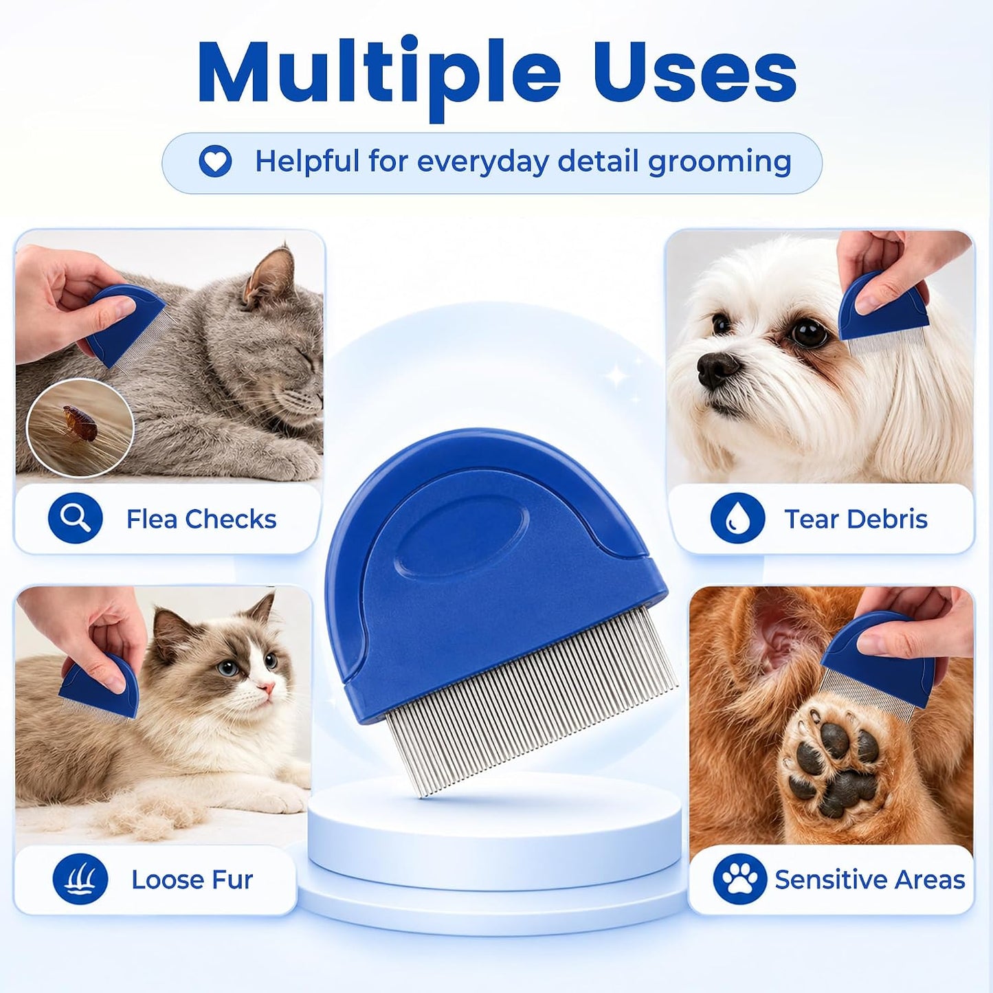 Prime Pets flea comb in action grooming a long haired dog