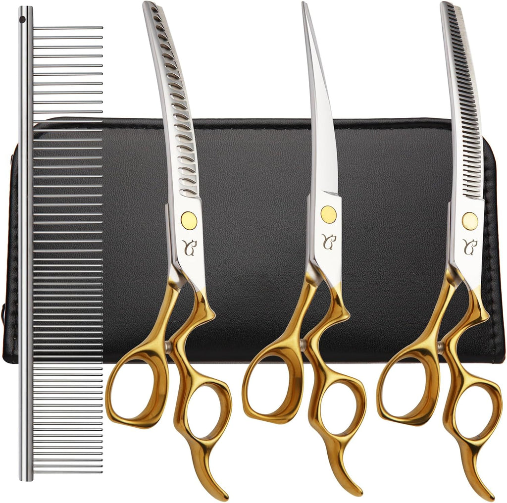 Citywish 4 in 1 dog grooming scissors kit front view featuring curved shears and a metal comb