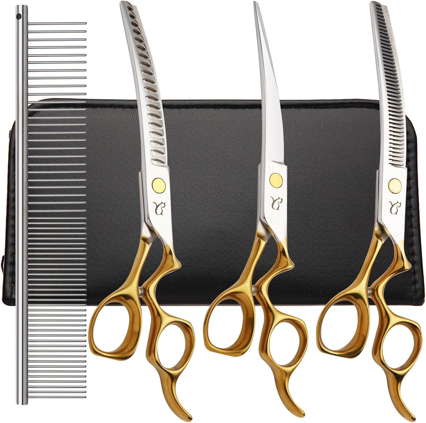 Citywish 4 in 1 dog grooming scissors kit front view featuring curved shears and a metal comb