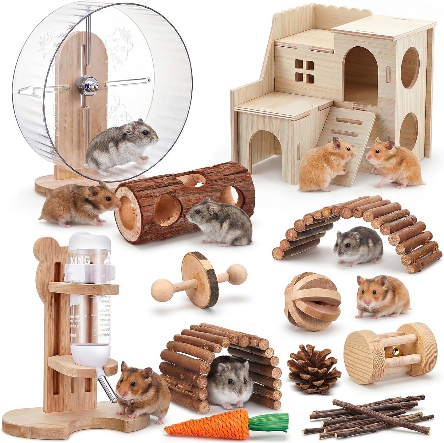 18 Pcs Hamster Cage Accessories, Silent Hamster Wheel, 15 Chew Toys Set, Maze Wood House and Water Bottle Set for Rat Mice Small Animals Habitat (Fun Interactive Style) - Image 9