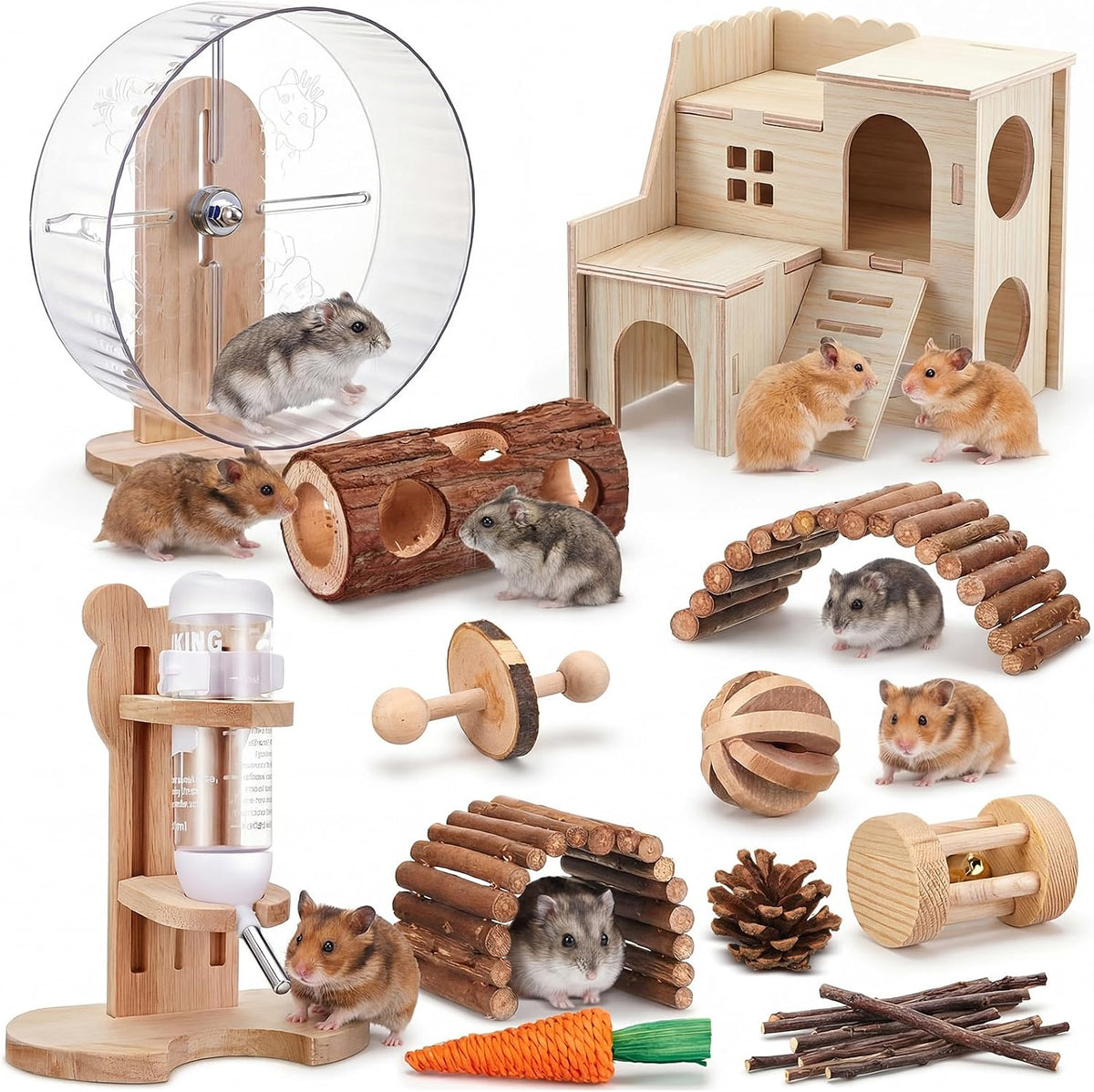 18 Pcs Hamster Cage Accessories, Silent Hamster Wheel, 15 Chew Toys Set, Maze Wood House and Water Bottle Set for Rat Mice Small Animals Habitat (Fun Interactive Style) - Image 9