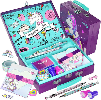 Pretty Me Unicorn Stationery Set front view of the purple carrying case