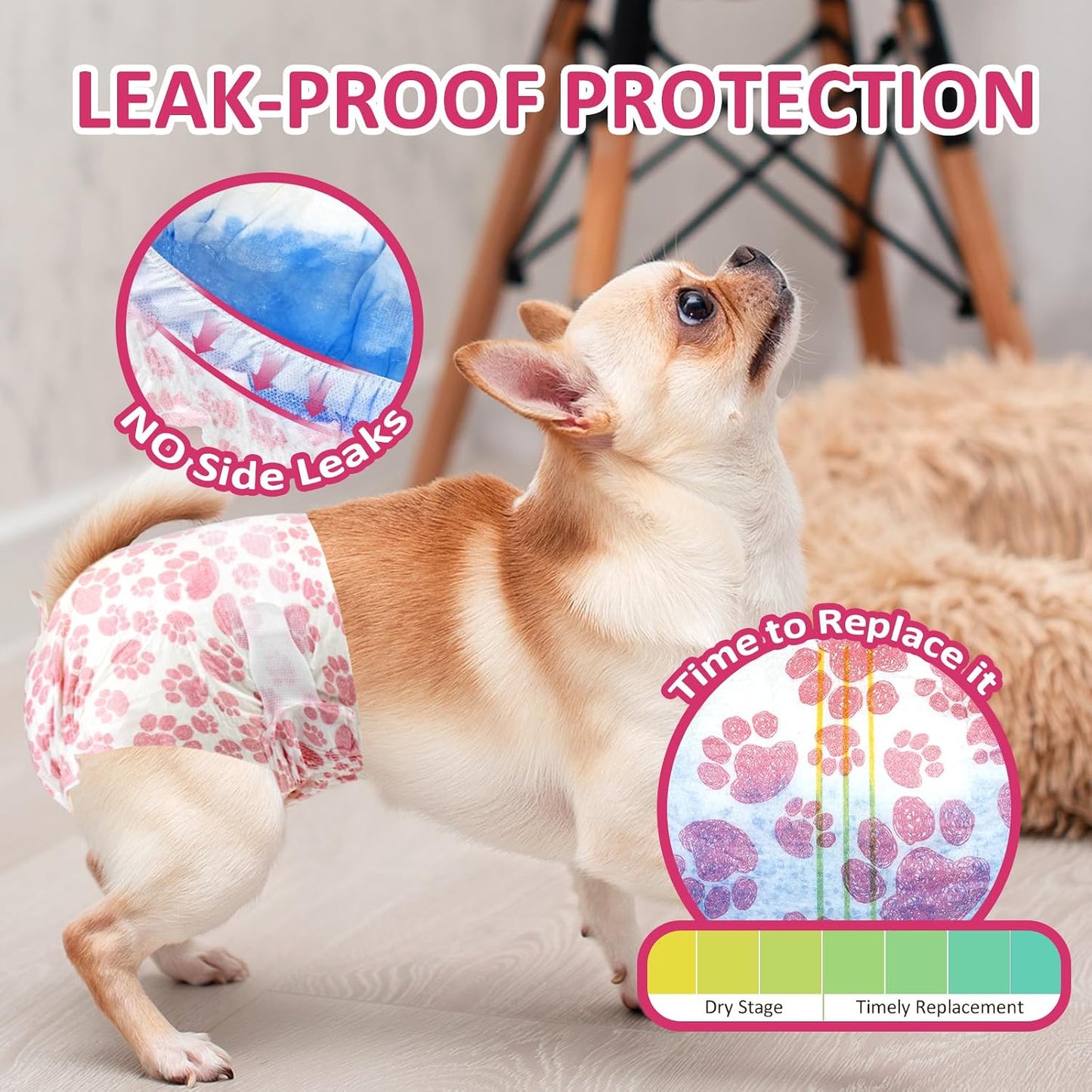 Dono pink pet diapers demonstrating the secure hook and loop fasteners for small dogs.