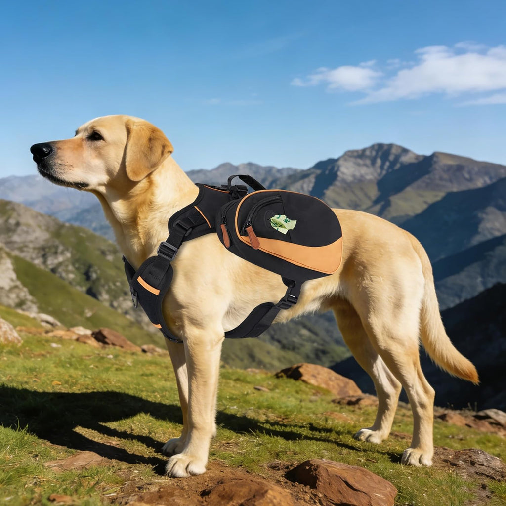 Moysoon dog backpack harness front view showing black and orange color blocking on a medium dog