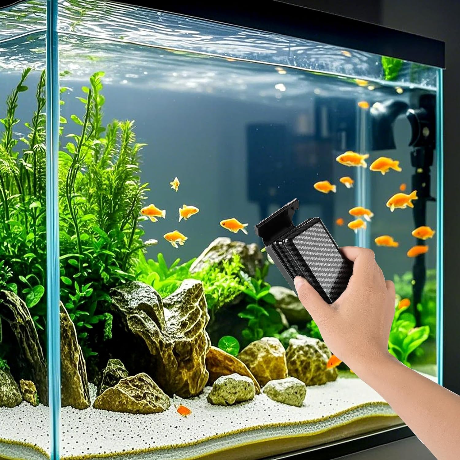 Hygger aquarium glass cleaner kit with user manual and dual scraping attachments.