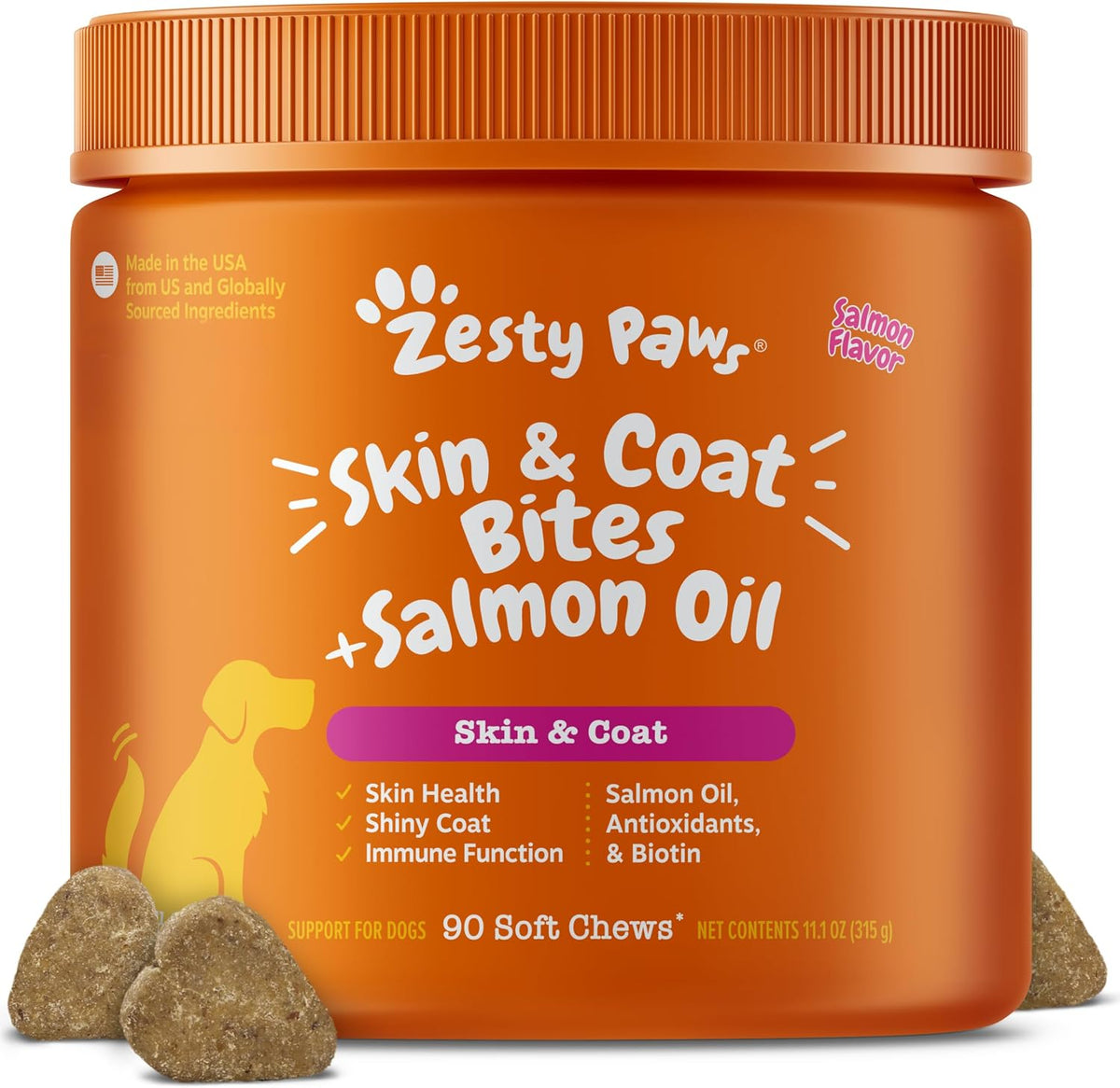 Zesty Paws Salmon Oil Skin and Coat bites front view container