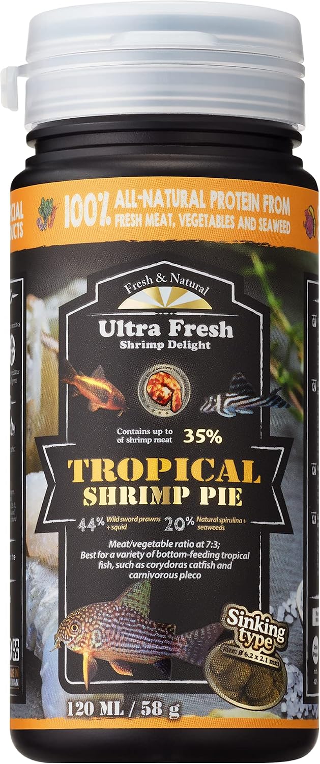 Ultra Fresh Bottom Feeder Fish Food front view bottle showcasing the tropical shrimp pie packaging.