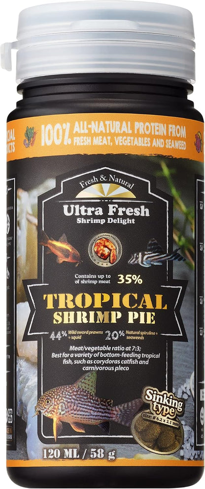 Ultra Fresh Bottom Feeder Fish Food front view bottle showcasing the tropical shrimp pie packaging.