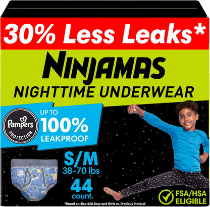 Pampers Ninjamas Boys Bedwetting Nighttime Underwear retail box front view showcasing overnight protection features