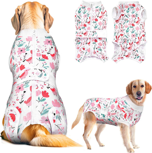 Lukovee recovery suit for dogs front view pink floral pattern