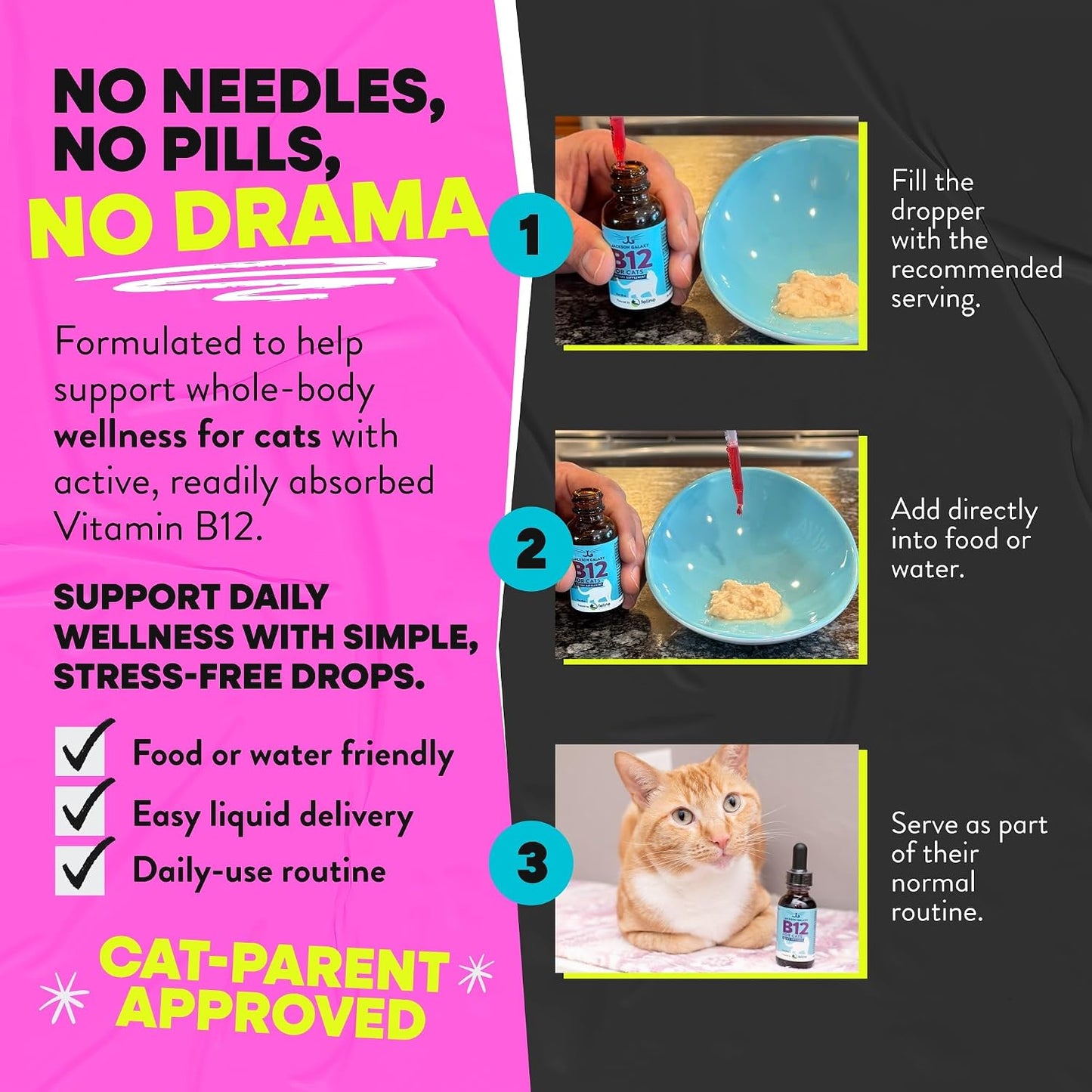 USA imported premium cat health supplement bottle with measuring dropper.