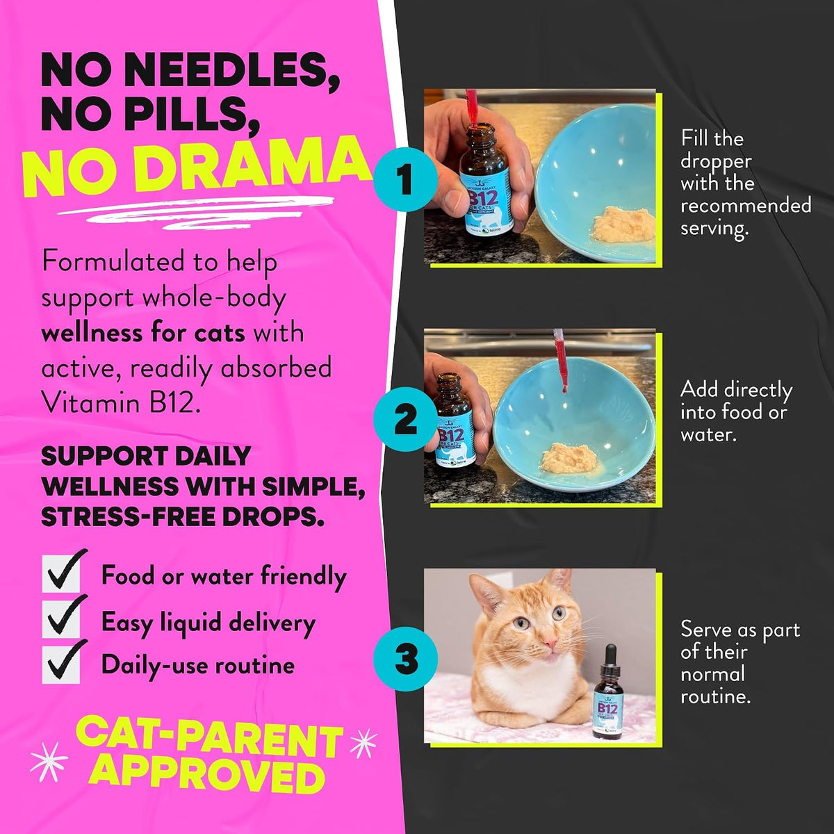 USA imported premium cat health supplement bottle with measuring dropper.