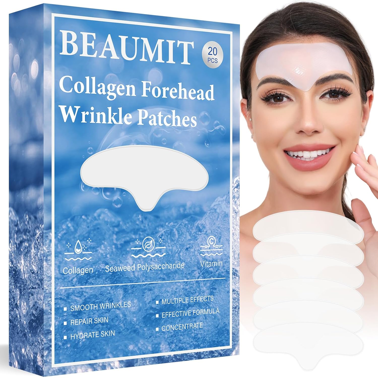 Okela Forehead Wrinkle Patches front view showing the 20 pieces packaging for anti aging skincare.