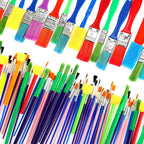 Lincia 150pcs All Purpose Paint Brush Set front view showing assorted colorful plastic handles and synthetic bristles.