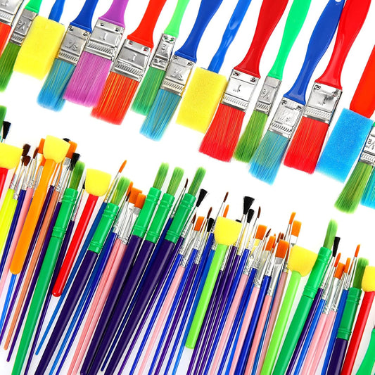 Lincia 150pcs All Purpose Paint Brush Set front view showing assorted colorful plastic handles and synthetic bristles.