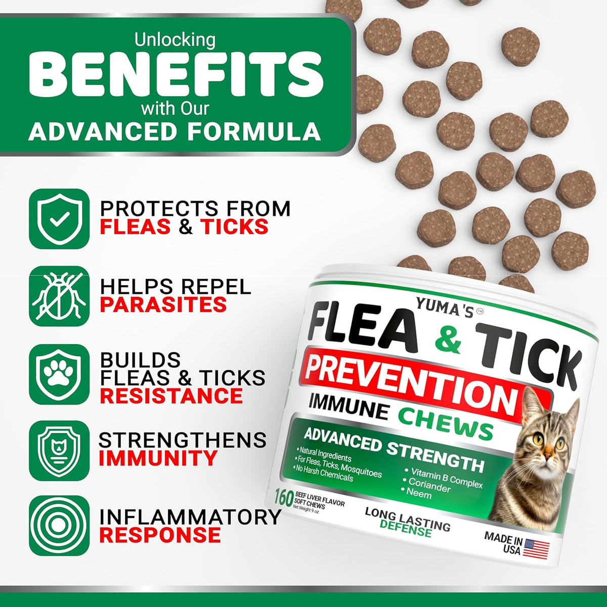 Close up view of YUMA'S natural flea and tick prevention chicken flavor soft chews.