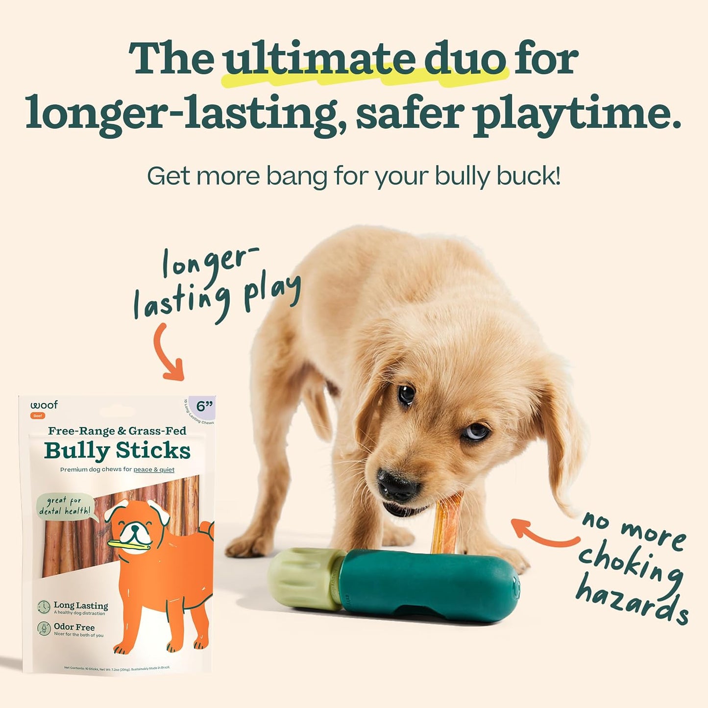 WOOF dog chew safety device holding a six inch premium beef stick