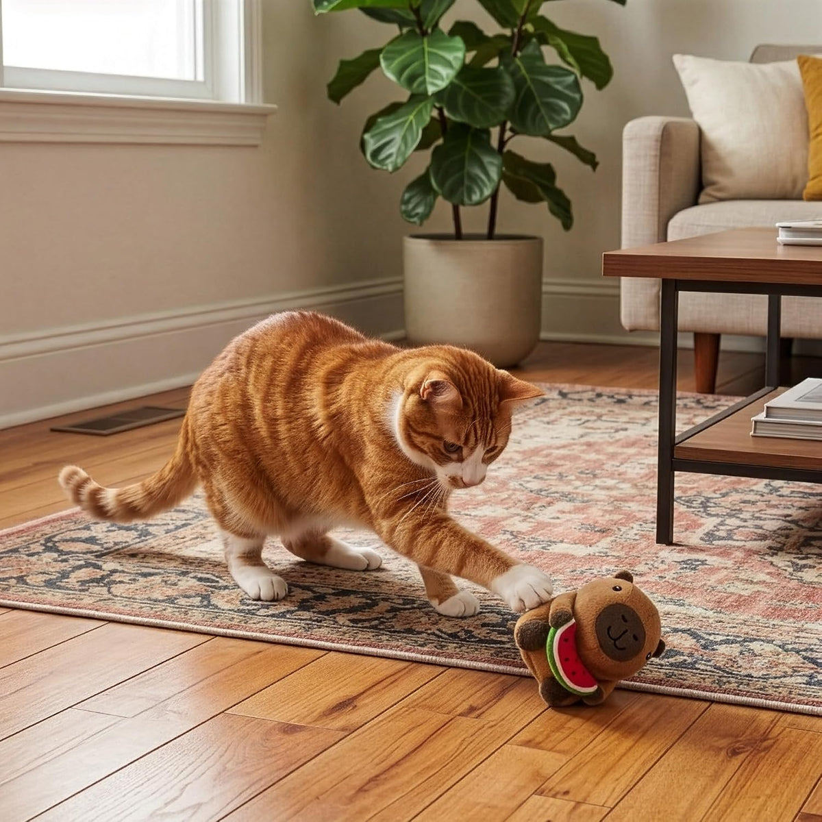 SPOT crinkle cat plush toy highlighting the compact size for easy carrying