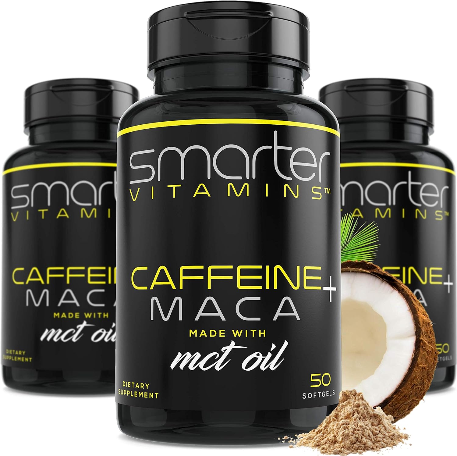 SmarterVitamins Caffeine and Maca Root energy supplement bottles front view