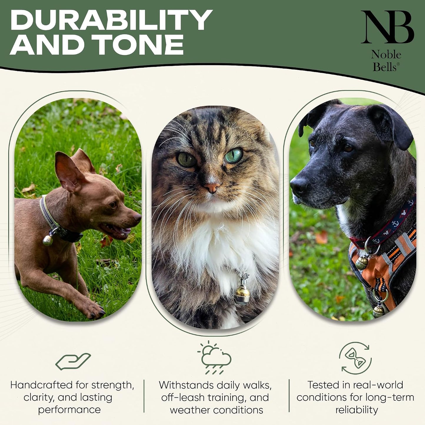 Noble Bells brass and nickel silver dog collar bells packaged as a small pair.