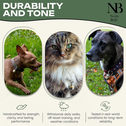 Noble Bells brass and nickel silver dog collar bells packaged as a small pair.