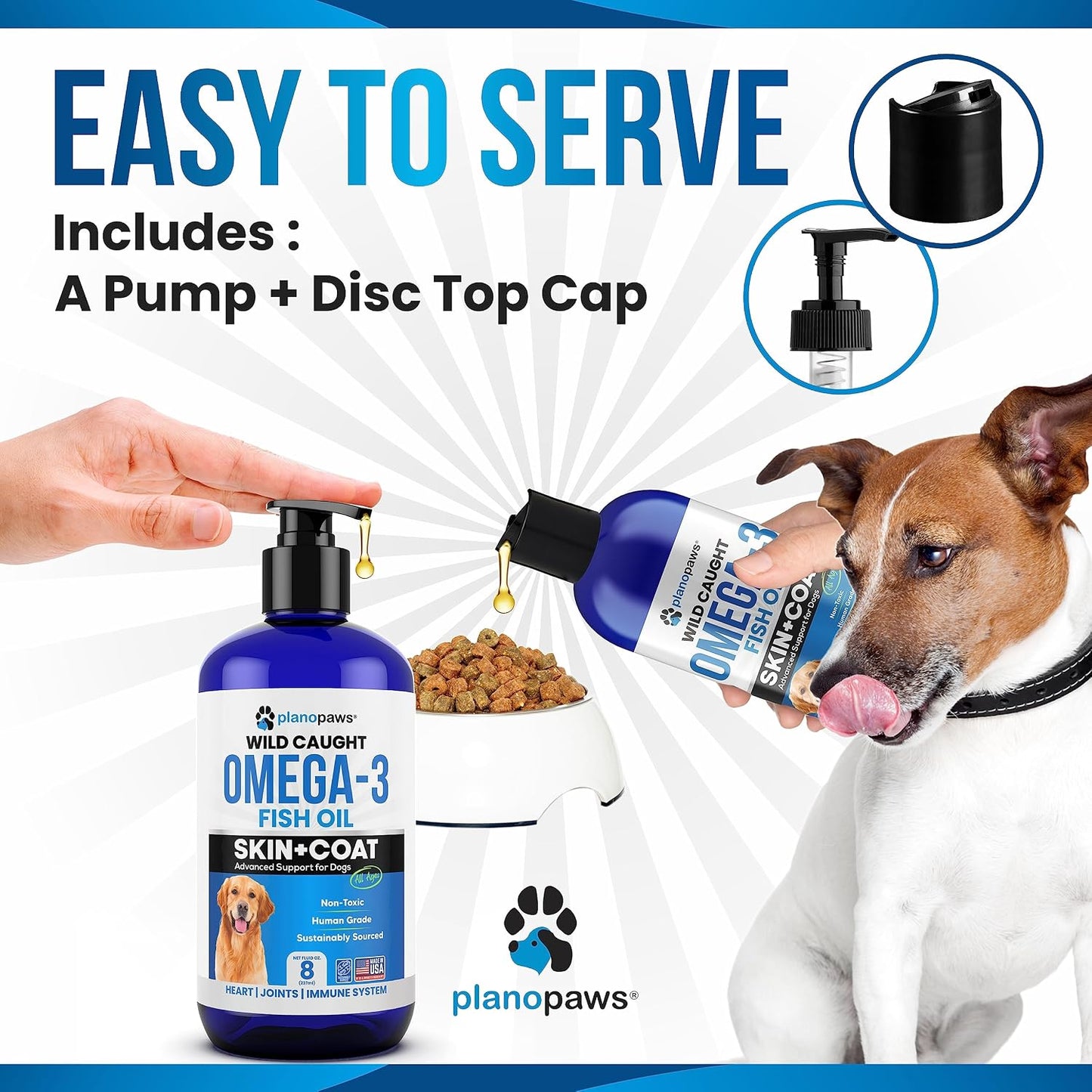 Premium Planopaws dog fish oil liquid showing molecularly distilled purity certifications.