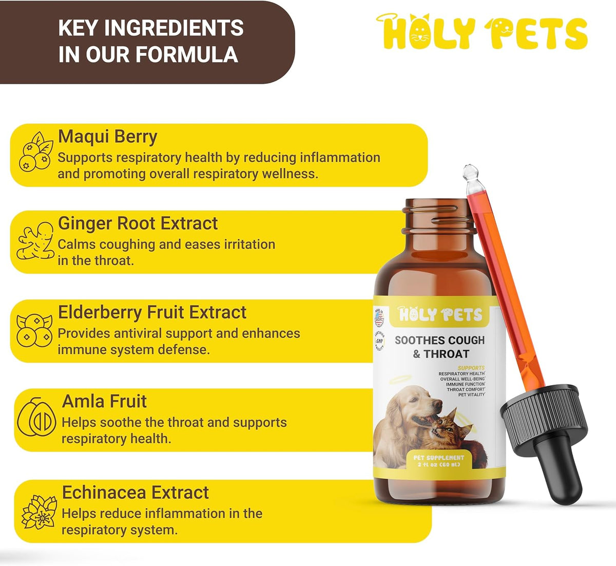 Holy Pets pet respiratory supplement liquid drops being added to animal food.
