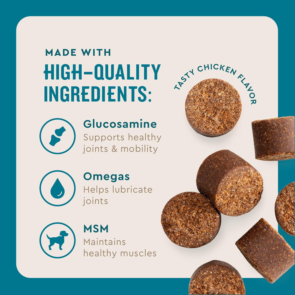 Chicken flavored soft chews for large and small breed dogs hip mobility support