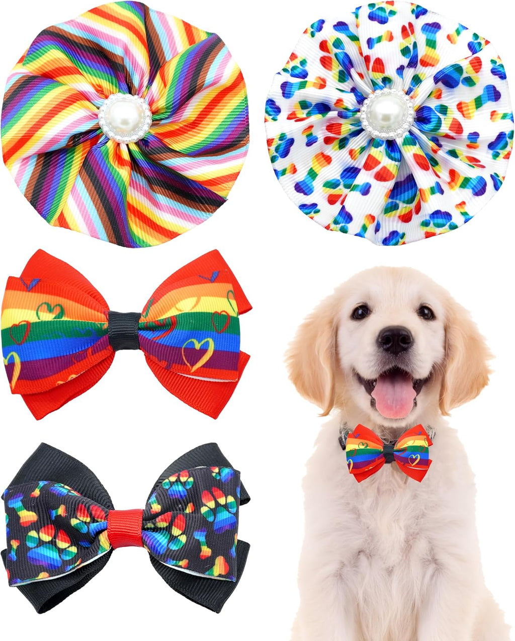 Pet Show small dog collar flowers and bows charms package front view showing four colorful pet styling accessories.