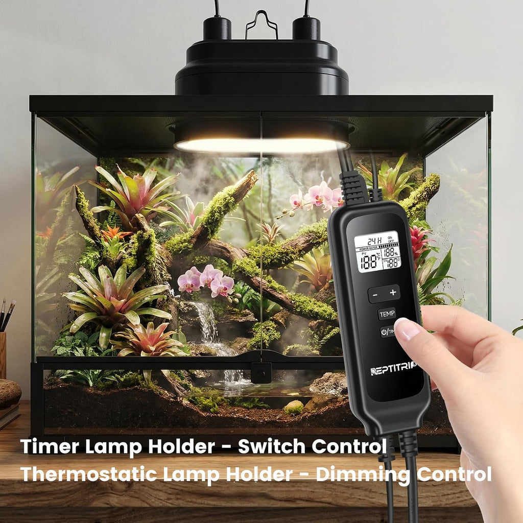 REPTITRIP terrarium heat lamp with digital display showing temperature and timer settings
