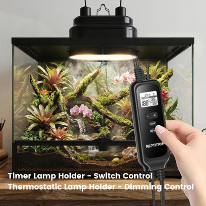 REPTITRIP terrarium heat lamp with digital display showing temperature and timer settings