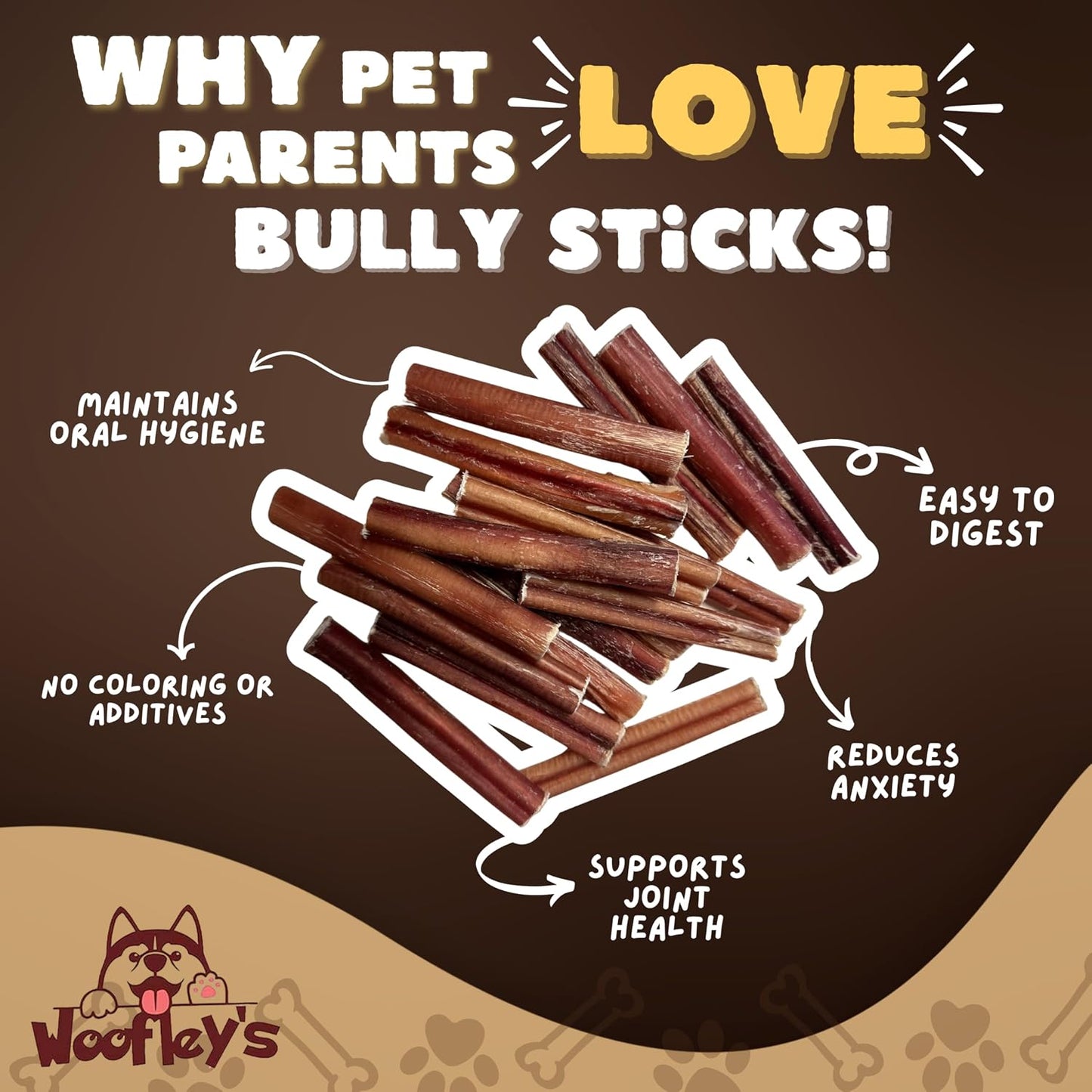 Fifty count pack of Woofley's long lasting dog treats displayed neatly