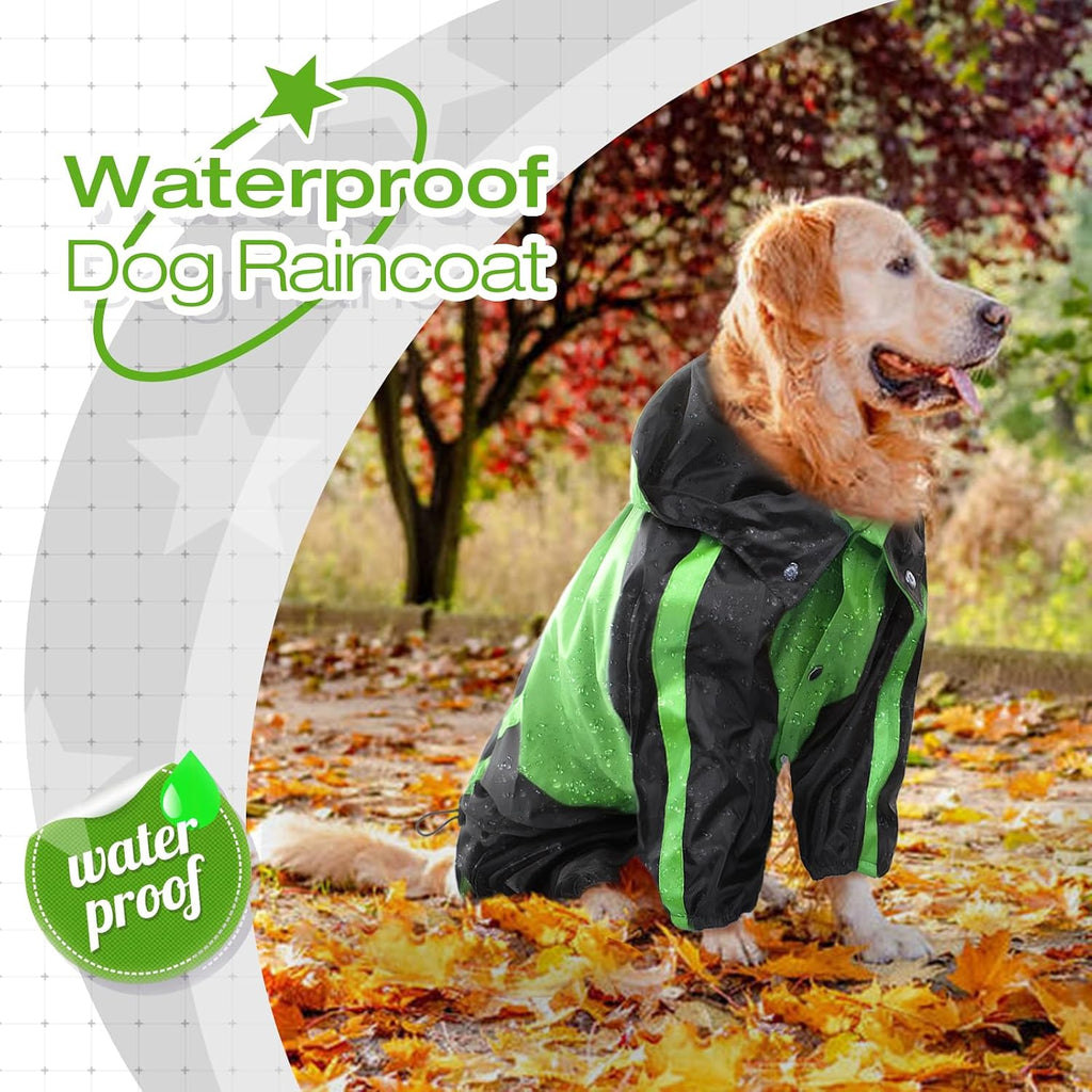 Full coverage pet jumpsuit style raincoat with secure belly button closures.