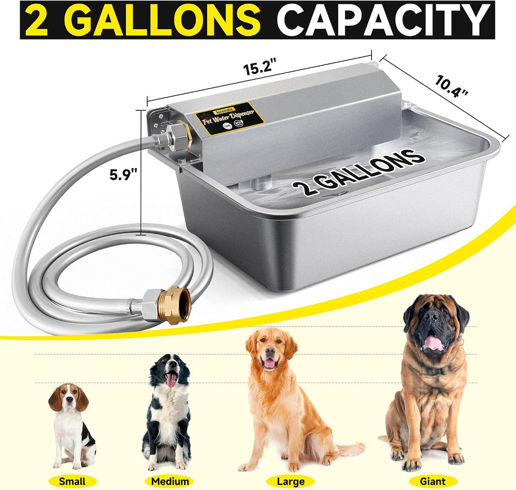 Two gallon stainless steel dog bowl with chew proof hose attached