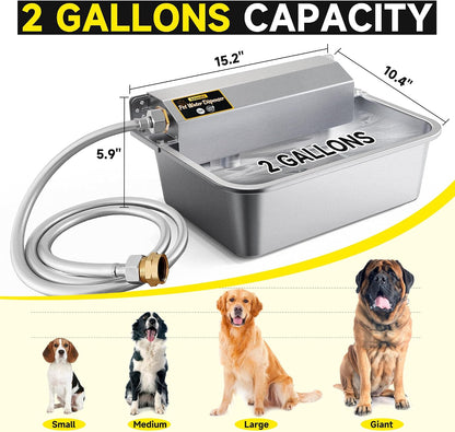 Two gallon stainless steel dog bowl with chew proof hose attached