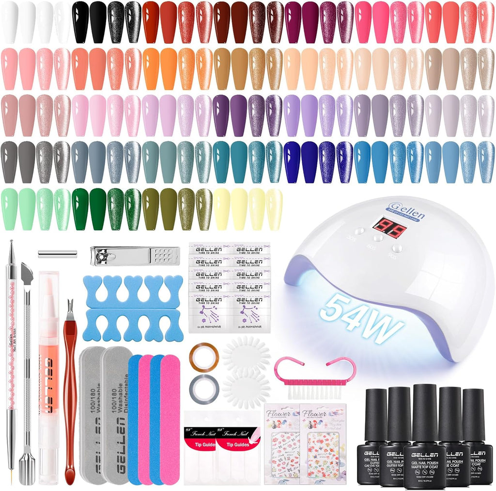 Gellen gel nail polish kit front view with 54W UV lamp and color collection