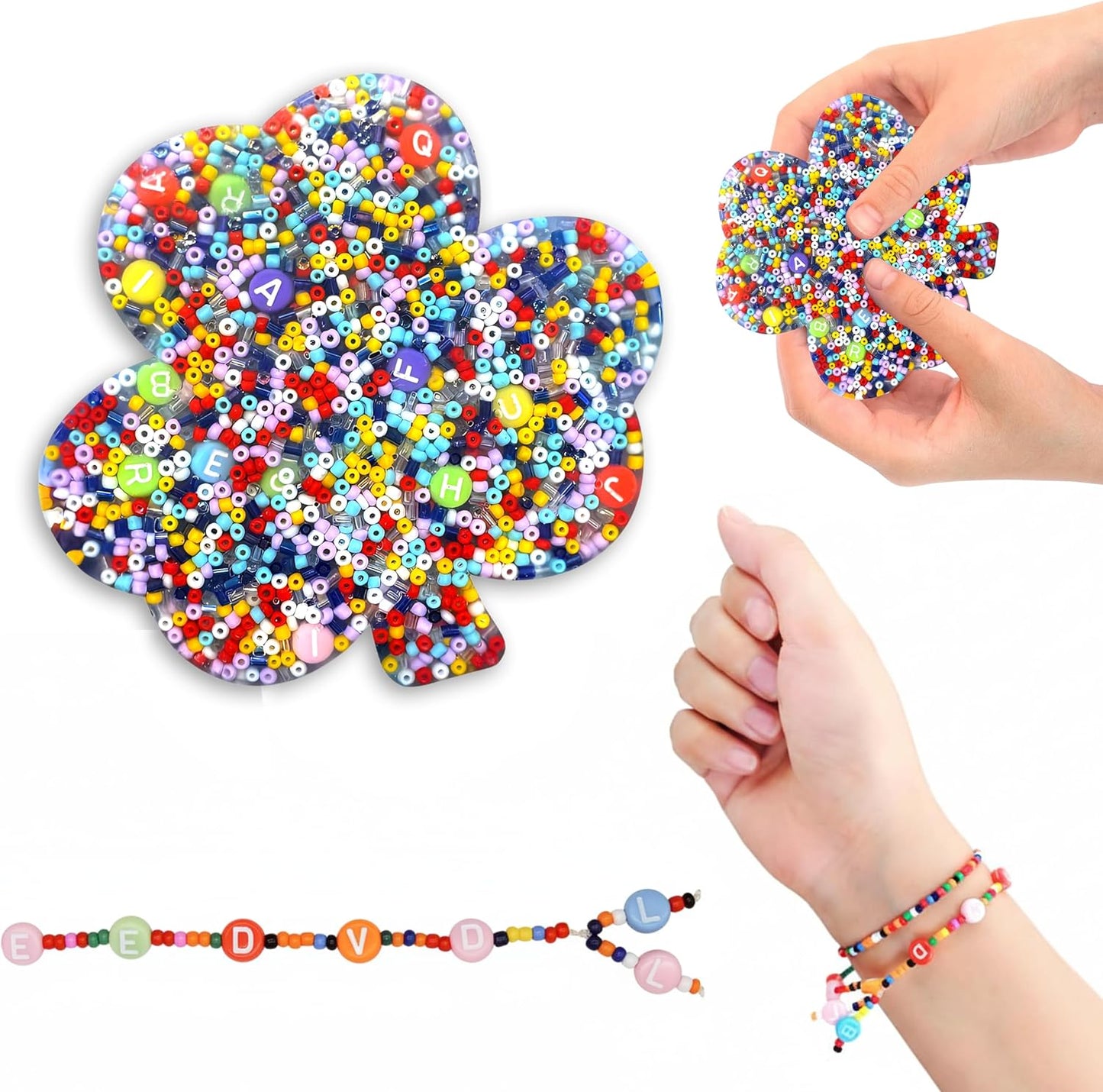 DMJFLux reusable skin picking fidget toy front view showing shamrock flower design filled with colorful sensory beads.