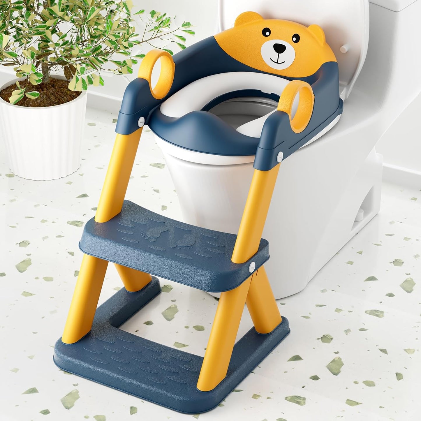 COOSEYA 2 in 1 potty training seat front view with blue adjustable ladder step stool over a white western toilet.