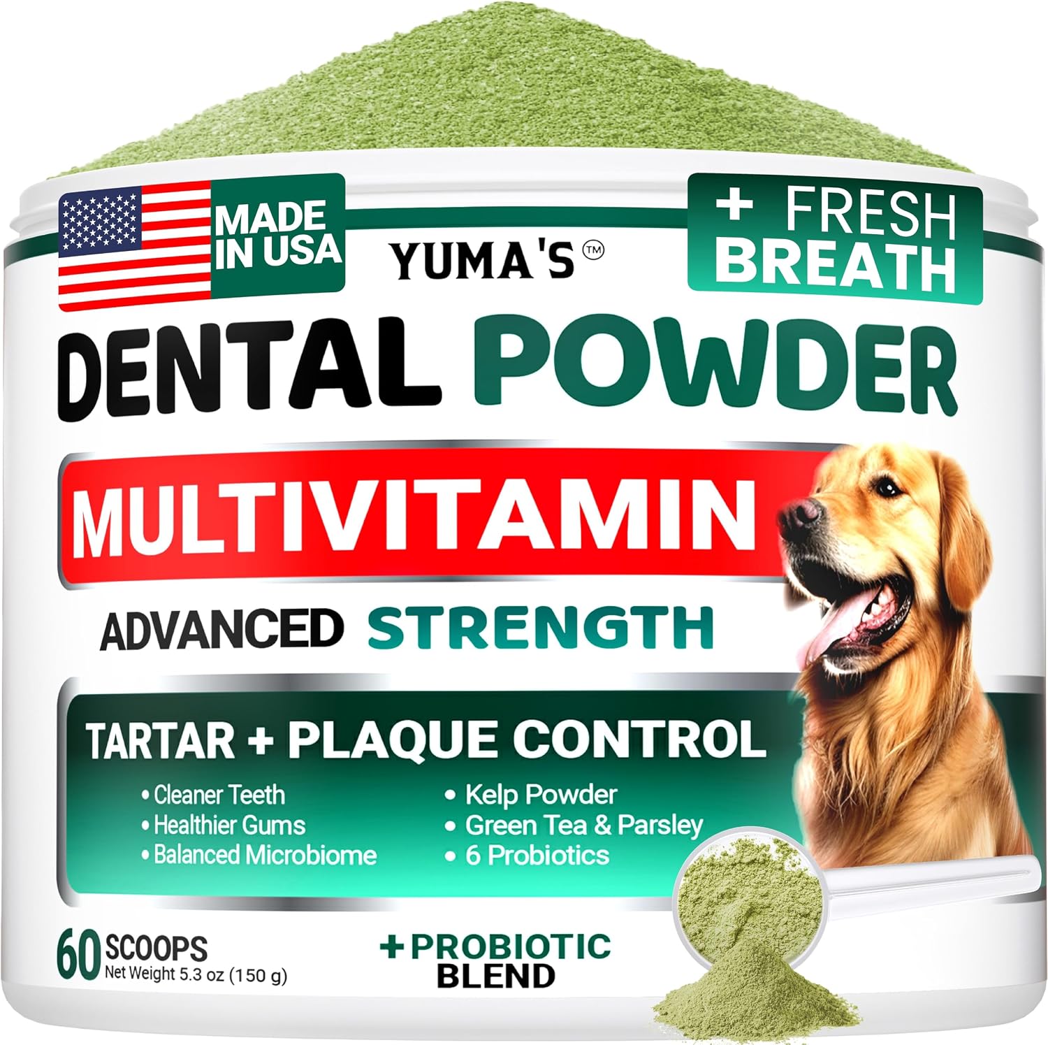 Yuma's Advanced Dog Dental Powder front view container for pet oral care