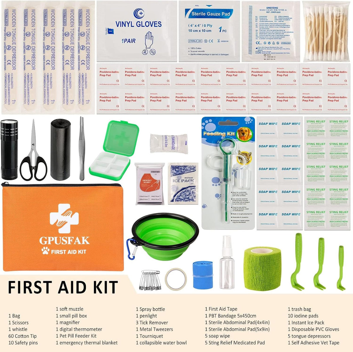 GPUSFAK dog emergency medical kit open layout displaying bandages tweezers and scissors.