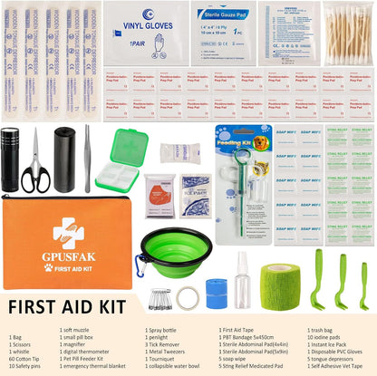 GPUSFAK dog emergency medical kit open layout displaying bandages tweezers and scissors.
