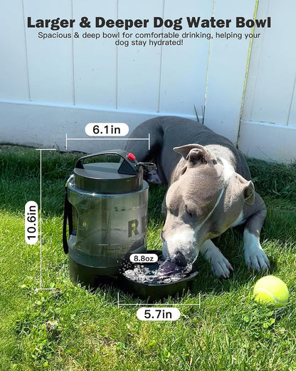 Purple 77 ounce pet water bottle with its detachable shoulder strap and metal carabiner attached.