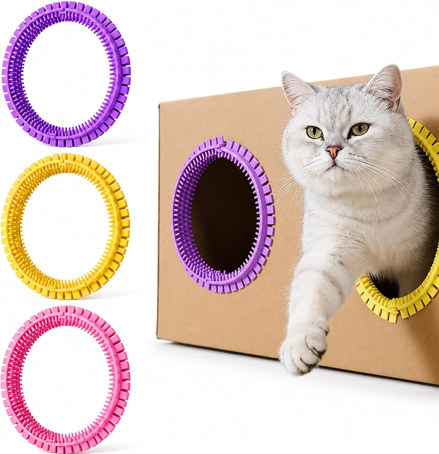 3-Pack Cat Self Groomer for Cardboard Box, DIY Grooming Brush Ring for Cat House Door Hole, Hands-Free Corner Scratching Brush for Removing Loose Hair & Shedding (Yellow) - Image 9