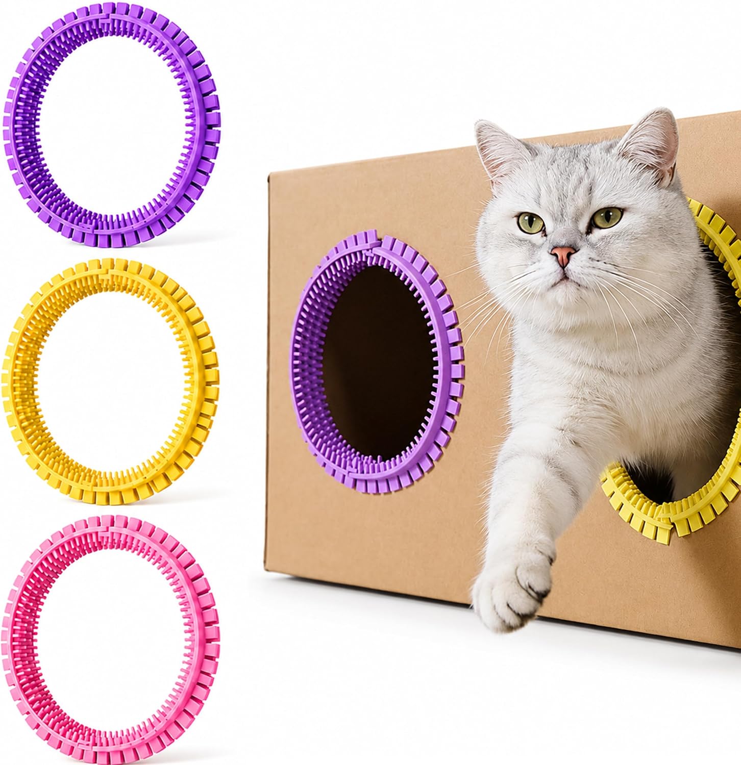 3-Pack Cat Self Groomer for Cardboard Box, DIY Grooming Brush Ring for Cat House Door Hole, Hands-Free Corner Scratching Brush for Removing Loose Hair & Shedding (Yellow) - Image 9
