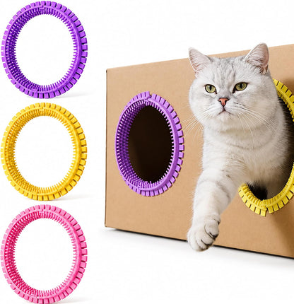 3-Pack Cat Self Groomer for Cardboard Box, DIY Grooming Brush Ring for Cat House Door Hole, Hands-Free Corner Scratching Brush for Removing Loose Hair & Shedding (Yellow) - Image 9