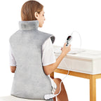 MiaAndCoco electric heating pad front view showing the extra large grey flannel wrap with collar