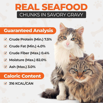Close up of seafood chunks in gravy cat food texture