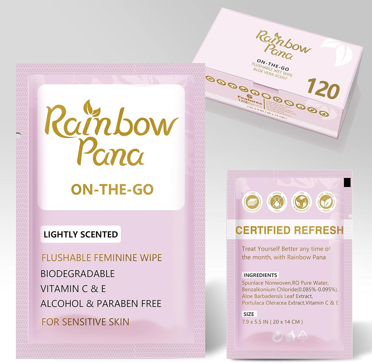 Rainbow Pana Feminine Wipes 120 count box front view for intimate hygiene.