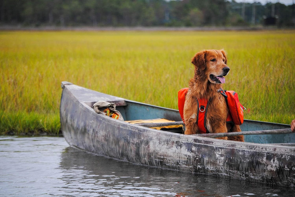 Bark Brite dog hiking saddlebag showing water resistant fabric and reflective strips